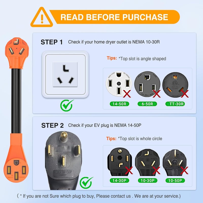 Nilight EV Adapter Cord 30 Amp to 50 Amp 3 Prong Pure Copper Old Dryer Outlet to EV Plug Conversion Heavy Duty 10 Gauge Wire Nema 10-30P to 14-50R 30M/50F for Level 2 EV Using - Image 5